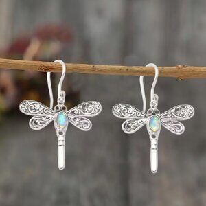 Dragonfly Earrings w/a Rainbow Moonstone from Bali 'Harmony Prophecy' Bohemian
